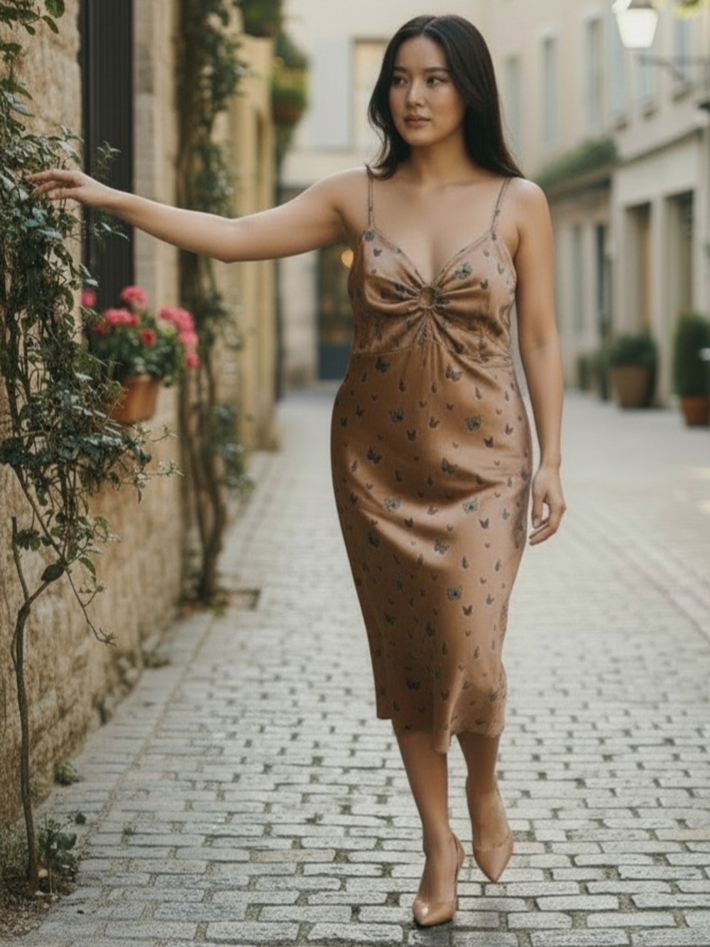 Satin Twist-Front Slip Dress in Bronze